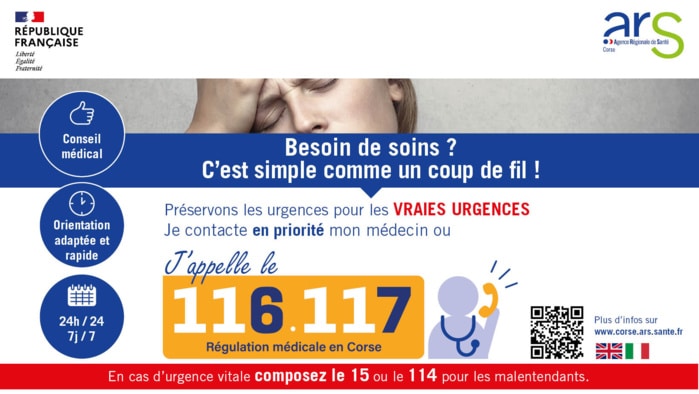 Affiche du gouvernement pour sensibiliser à l'appel d'un médecin lorsqu'on a besoin de soins pour préserver les urgences pour les "vraies" urgences. 24h/24 et 7j/7. Numéro pour la corse : 116 117