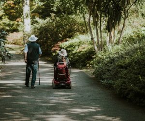 Couple de personne âgées, dont une en fauteuil roulant, se promenant dans un parc